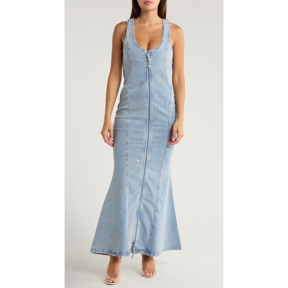 AFRM Dresses & Skirts - AFRM Kadence Maxi Dress Women XS Light Wash Blue Gold Metallic Finish Mermaid